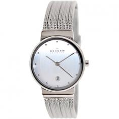 This elegant and slim watch can be worn with the look of fine jewelry. The striped, silvery mesh band on this timepiece connects to a slim, round case in stainless steel and a silvery dial that features raised indicators and a date display. Case: Stainless steel Caseback: Stainless steel screw-down Bezel: Stainless steel Dial: Chrome Hands: Silvertone Second sweep Markers: Silvertone hourly dots Calendar: Date displayed above the six hour Strap: Silvertone steel striped mesh Clasp: Deployment Crystal: Mineral Crown: Push/pull Movement: Japanese quartz Water resistance: 3 ATM/30 meters/99 feet Case measurements: 26mm wide x 26mm long x 8mm thick Strap measurements: 14mm wide x 8.5 inches long Box measurements: 3 inches wide x 3 inches long x 3 inches high Country of origin: Denmark Model: 355SSS1 All measurements are approximate and may vary slightly from the listed dimensions. Women's watch bands can be sized to fit 6.5-inch to 7.5-inch wrists. Click here to view our Watch Sizing Guide.