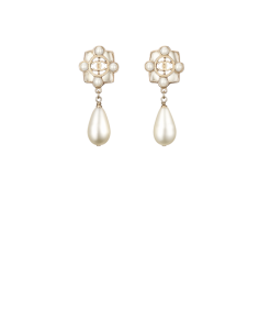 Clip-on earrings, metal, resin & fantasy pearls-gold, pearly white & ecru - CHANEL