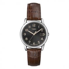 This men's Timex Elevated Classics Dress watch features a dark brown croco-textured genuine leather strap and an easy-to-read black dial with cream hands. Timex's 'Indiglo' night mode allows for easy viewing in low light conditions. Featuring a soft leather band and perfect size, this watch is great for daily wear. This watch includes a large face and night light for easy viewing throughout your daily routine. The watch boasts a dark face and light hands for a unique yet classy display. Its attributes are underscored by a helpful date display and is water resistant up to 99 feet. Case: Brass Caseback: Stainless steel snap-down Bezel: Polished silvertone finish Dial: Black Hands: Cream Markers: Cream full Arabic numerals Calendar: Date display at 3 o'clock 'Indiglo' Night-Light Strap: Dark brown croco-textured leather strap Clasp: Tang buckle Crystal: Acrylic Crown: Push/pull Movement: Quartz Water resistance: 3 ATM/30 meters/99 feet Case measurements: 35mm wide x 10mm thick Strap measurements: 18mm wide x 8 inches long Box measurements: 2.5 inches wide x 3.5 inches long x 3 inches high Model: T2N948