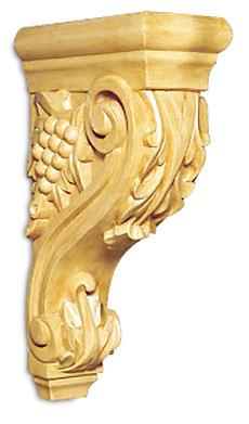 White River's Acanthus Grapevine Corbel features a hand-carved acanthus relief in front with a grape design on its sides. These corbels are perfect for adding a decorative touch to cabinetry, furniture skirts, ceiling decoration, mantels, pilasters, range hoods and other architectural elements. The corbels are available in Maple, Cherry or Lindenwood and can be painted, glazed or stained to match any decor.