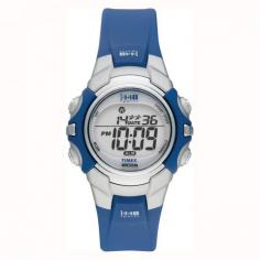 This Timex Sports timepiece features a silver and blue resin case and a blue resin strap. A date and day calendar function and a digital movement make this watch an ideal accessory. Case: Resin, silver with blue accents Caseback: Stainless steel, snap-down Dial: Digital Calendar: Digital date and day Chronograph, alarm, Indiglo Night Light Strap: Blue, resin Clasp: Tang buckle Crystal: Plastic Movement: Digital Water resistance: 5 ATM/50 meters/165 feet Case measurements: 33mm wide x 33mm long x 12mm thick Strap measurements: 12mm wide x 7.5 inches long Box measurements: 2.5 inches wide x 3.5 inches long x 3 inches high Model: T5J1319J All measurements are approximate and may vary slightly from the listed dimensions. Click here to view our Watch Sizing Guide. This item cannot be shipped to a PO Box.