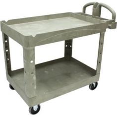 Grip-height handle improves control and worker safety in use Offers a high-density, structural resin construction with rounded corners. Deep-pocketed top shelf and lipped bottom shelf keep contents securely in place. Ideal for transporting materials, supplies, and heavy loads. Design also includes molded storage compartments, holsters, hooks, and notches. Cart is equipped with four 5in. non-marking rubber casters (2 swivel). TPR casters absorb shock and provide floor surface protection and quiet operation. They roll easily on linoleum, tile, terrazzo, wood, smooth concrete, and carpet. Weight capacity supports up to 500 lb. Rubbermaid Carts part of a large selection of office furniture and business equipment, whether for a home office or traditional office. Rubbermaid Two-Tiered Full-Service Cart, 33 1/4in.H x 45 1/4in.W x 25 3/4in.D, Beige is one of many Utility Carts available through Office Depot. Made by Rubbermaid.