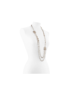 Long necklace, metal, fantasy pearls & plexiglas-gold & pearly white - CHANEL