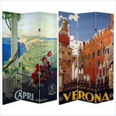 OFN2025: Features: -Room divider-Front is a rendering of the spectacular view of Capri Harbor from at the rotunda in the Villa San Michelle-Back is an attractive graphic art print of the magnificent statues and architecture in the city of Verona-Three panel screen has different images on each side-High quality wood-Fabric covered room divider-Well constructed, extra durable, kiln dried Spruce wood frame panels-Covered top to bottom, front, back and edges with tough stretched poly cotton blend canvas-Two extra large, beautiful art prints-Providing a background for plants or sculptures or use to define a cozy-Amazingly inexpensive, practical, portable, decorative accessory-Almost entirely opaque, double layer of canvas, providing complete privacy-Easily block light from a bedroom window or doorway. Color/Finish: -Subtle colors and compelling shapes of these unique commercial art prints-Printed with fade resistant, high color saturation ink, creating 2 stunning, long lasting and vivid images.