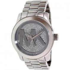 This Michael Kors Women's MK5544 Runway stainless steel watch features a magnificent silvertone dial adorned with crystal accents among a large 'MK' display. The case and bracelet are both durable and attractive stainless steel. This watch is water-resistant at depths of up to 100 meters and has a stainless steel snap-down case back. The reliable quartz movement and mineral crystals make this watch both reliable and dazzling. Case: Stainless steel Caseback: Stainless steel, snap-down Bezel: Stainless steel Dial: Silver Stone accents: Crystals paved dial Hands: Silvertone Markers: None Bracelet: Stainless steel Clasp: Deployment Crystal: Mineral Crown: Push/pull Movement: Quartz Water resistance: 10 ATM/100 meters/330 feet Case measurements: 45mm diameter x 14.5mm thick Bracelet measurements: 24mm wide x 8 inches long Box measurements: 4.5mm wide x 4.5mm long 4.5mm high Model: MK5544 All measurements are approximate and may vary slightly from the listed dimensions. Women's watch bands can be sized to fit 6.5-inch to 7.5-inch wrists. Click here to view our Watch Sizing Guide.