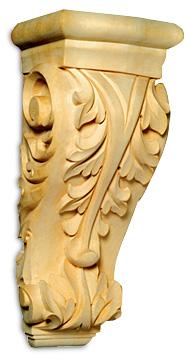 The Acanthus Corbels from White River are hand-carved and feature the beauty of the acanthus leaf, which is commonly found in classical European architecture. The sides of the corbels features graceful curves blended with acanthus leaves. These highly-detailed corbels are perfect for a variety of applications, including cabinetry, furniture skirts, ceiling decoration, mantels, pilasters, range hoods and many more. Available in American Maple, Cherry and Lindenwood, the acanthus corbels can be stained, painted or glazed and will accept any finish.
