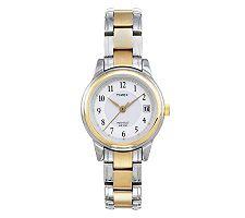 Classically styled and updated with the latest Timex timekeeping technology, the two-tone Timex Women's Sport Chic stainless steel watch makes a great accent to both your everyday and business wear. It features a round watch case with a gold-tone bezel that frames a white dial background with black Arabic numerals and gold hands (with seconds hand). The stainless steel bracelet band features trident shaped links in gold and silver tones, and it's joined by a push button fold over clasp. This watch also features a 10-year battery life, water resistance to 165 feet (50 meters), and a date display at 3 o'clock. With the Quick Date function, you can set the date on the watch without turning the crown for every 24-hour period. Just pull the stem halfway out, and turn until desired date is reached. Case: Brass, two-tone, round Caseback: Stainless steel, snap-down Bezel: Brass, two-tone Dial: White, Indiglo night-light Hands: Gold-tone Markers: Black full Arabic numerals Calendar: Date display at 3 o'clock Bracelet: Two-tone stainless steel Clasp: Deployment Crystal: Mineral Crown: Push/pull Movement: Quartz Water resistance: 5 ATM/50 meters/165 feet Case measurements: 26mm wide x 9mm thick Bracelet measurements: 12mm wide x 6.25 inches long Box measurements: 2.5 inches wide x 3.5 inches long x 3.0 inches high Model: T257719J All measurements are approximate and may vary slightly from the listed dimensions. Women's watch bands can be sized to fit 6.5-inch to 7.5-inch wrists. Click here to view our Watch Sizing Guide.