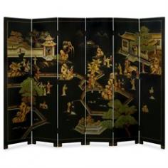 A panorama view of Chinese scenery is depicted on this grand six-panel screen. Intricate details of figures and architecture are vividly hand-carved in Chinoiserie motif against the matte-finished black background. A fine example of classic Chinese screen art. Gold bamboo trees are softly painted on the back.