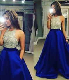 Royal Blue Satin Skirt Silver Beaded Bodice 2016 Prom Dress APD1717