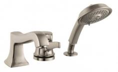 Dimensions: 7.75L x 5.75W x 4.13H inches. Three-hole installation design. Made from durable solid brass. Single handle for accurate water control. Multi-function hand-shower is included. Protected by your choice of finish. The Hansgrohe 4132 Metris C 3 Hole Thermostatic Tubfiller Trim gives you a classic-style set of bathtub equipment with a fine contemporary construction. This set provides an elegant tub filler and a pull-out hand-shower, serviced by a single lever handle from temperature/volume control and featuring a top-mounted diverter to switch the flow between spouts. The tub filler features an 8.0GPM flow rate while the hand-shower features a 2.5GPM flow-rate and a multifunction spray-face to vary the spray output. Each piece is constructed from solid brass and is protected from scratches, rust, and corrosion by your choice of finish, either brushed nickel or polished chrome. A rough-in valve is required (not included). Standard 0.5inch connections let you add this to nearly any US plumbing assembly. Product Specifications: Country of Origin: USAADA Compliant: NoDrain Included: NoFlow Rate: 8.0GPM/2.5GPM at 44PSIMounting Style: Deck MountedNumber of Holes: 3Number of Handles: 1Handle Style: LeverOverall Height: 5.5 inches Spout Reach: 8.0 inches Spout Height: 3.875 inches Swivel: NoValve Included: NoAbout the Hansgrohe GroupIn 1901, the Hansgrohe Group was founded in Schiltach in the Black Forest in Germany by Hans Grohe. Headquarters for Hansgrohe are still located there today. With a firm establishment in the sanitation industry, Hansgrohe offers progressive, design-oriented bathroom solutions and cutting-edge bathroom products. Successful world-wide, Hansgrohe has 10 production facilities on three continents, and sales companies and consulting support locations in 36 countries. Hansgrohe's five-star recipe for success includes, innovative products, a sustainable business concept, and the passion for the element of water. Color: Brushed Nickel.