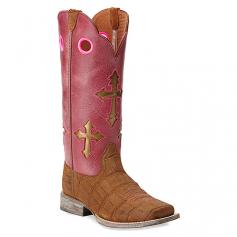Get a leg up on the competition in the Ariat Ranchero boot. Decorated with cross cutouts and metallic underlays, this kids' cowboy boot has a croco-print suede foot and leather upper; embroidered pull holes allow easy entry. A breathable lining and cushioned footbed offer comfort to every step; remove the Ariat Booster Bed to create extra wiggle room for growing feet. The Ariat Ranchero Western boot is finished with a hand-nailed, scoured leather outsole for a traditional foundation.