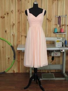 Tea-length V-neck Pink Chiffon with Ruffles Glamorous Bridesmaid Dress