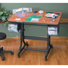 Dimensions: 24 x 40x 32 inches Easy, 1-handed tilt adjusts from 0 to 30 degrees. Height adjusts 28-32 in. In the horizontal position using casters or 26 to 30 in. using floor glides- both included. 1.5-inch steel tubing with scratch-resistant powder coating. Dual 3-drawer storage units (7W x 10D x 7H inches). Metal pencil ledge and plastic instrument tray-both included. Crossbar footrest with rubber tread offers 21 of leg room. 24 x 40 inch with rounded corners. What We Like About This Hobby Station Adjustable height and angle make the Alvin CraftMaster Hobby Rolling Drafting Table Station a great set for your home or office. With the locking casters the height ranges from 28- to 32-inches; the floor guides subtract 2 inches. The table angle can be adjusted anywhere up to 30 degrees by means of a single-handed tilting mechanism. A three-drawer storage bin on each side will keep pens pencils and other tools handy and organized. Choose from three different table tops to match your tastes. About AlvinWith over 54 years of experience Alvin is one of the primary sources for drafting supplies and drawing equipment in the country. Together with this core group of products Alvin continues to meet the needs of multiple markets with its expanding range of fine art hobby and craft supplies; a large selection of drawing room furniture; a wide assortment of exclusively-designed products; and its distribution of numerous national brands. Sturdy tubular steel frame with your choice of surface finishes. This hobby table set includes two sets of 3-drawer storage units. Color: Blk Base w, Cherry Top.
