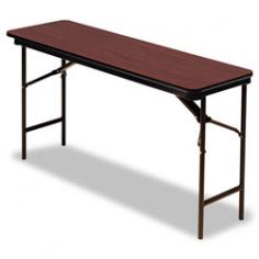 Wear-resistant .75-inch-thick melamine top. Sealed melamine underside prevents moisture absorption. Full steel skirt support and plastic corners protect when stacking. 1-inch diam. steel legs with heavy-duty foot caps. Dimensions: 18W x 60L inches. With its slim profile and handsome top, the Iceberg 18 x 60 Premium Wood Laminate Folding Tables - Mahogany is perfect for coordinating with any environment. This table features a wear-resistant, thermally-fused melamine laminate top with either a handsome faux wood grain pattern in oak or mahogany or classic gray. The underside is sealed melamine that prevents moisture absorption. Plastic corners protect the table surface when stacking and foot caps keeps floors protected, too. The table legs fold up underneath the top and are constructed of sturdy, 1-inch diameter steel. About Iceberg EnterprisesIceberg Enterprises floated to the surface when two entrepreneurs acquired a former product line from Rubbermaid and decided to expand on the possibilities of blow-molded high-density polyethylene. They created Iceberg, a complete line of super-durable, easy-to-maintain office products and accessories like nothing seen before. Located in Illinois and Michigan, this American company has quickly become one of the largest products of resin folding tables, shelving, chairs, conference tables, and more. When you're looking for a high-quality product that you can count on every single time, look no further. There's always more to an Iceberg. Color: Brown.