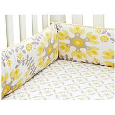 A sophisticated neutral palette distinguished the Migi Sweet Sunshine Baby Bedding Set, with yellows and grays that will keep your little one's room sunny and bright. Cotton sheeting, faux suede, corduroy and velour are used to create flowers, birds and vines in a contemporary design by the MiGi girls Michele Adams and Gia Russo. The MiGi Sweet Sunshine crib bumper features appliqued and embroidered yellow plush featuring flowers, birds, and vines, reverses to a bold cotton sheeting print.