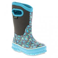 Help her learn to enjoy the outdoors even in cold, wet weather with the Bogs Sweet Pea boot. Decorated with a graphic floral print on the foot and equipped with easy-grip, pull-on handles, this warm, waterproof girls' all-weather boot features a combination rubber and four-way Neo-Tech stretch upper to guard growing feet against the cold, even in sub-zero temperatures. The Max-Wick moisture-wicking lining helps maintain a dry interior; AEgis antimicrobial treatment controls odor. The Bogs Sweet Pea waterproof rain boot has a grippy rubber outsole with a self-cleaning tread design so she won't track the outside in.