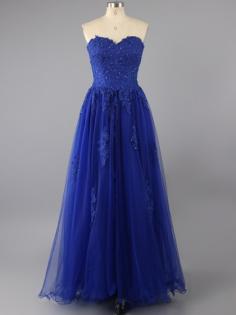 Noble Sweetheart Tulle with Appliques Lace Royal Blue Floor-length Prom Dresses