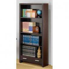 This contemporary bookcase offers combination storage for your home office. The sleek piece has clean lines, in a rich dark cappuccino finish that will complement your home decor. A small storage drawer below four shelves keep items organized and are ideal for books and your favorite decorative accent items. Cool contemporary metal handles create a bold contrast, for the perfect finishing touch on this storage unit. Add storage to your office 4 shelves hold books, accessories and more. Small drawer provides additional storage below the shelves. Hollow core, MDF and melamine laminate materials for durability. Complements your contemporary home decor. Features clean lines with a rich dark cappuccino finish and sleek metal handles. Assembly required. Monarch Wood Bookcases part of a large selection of office furniture and business equipment, whether for a home office or traditional office. Monarch 4-Shelf Bookcase, 70 1/2in.H x 31 1/2in.W x 11 1/2in.D, Cappuccino is one of many available through Office Depot. Made by Monarch.