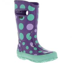 You'll catch her performing rain dances just so she can head outside in the Bogs Rainboot. Decorated in a whimsical polka dot pattern, this waterproof, pull-on girls' boot features a natural rubber upper designed to keep her feet dry in sprinkles and torrential downpours alike. Side handles make it easy for little hands to pull these boots on; AEgis antimicrobial treatment controls odor. The Bogs Rainboot has a non-slip rubber outsole to keep her on her toes as she romps over slick, wet surfaces and splashes through puddles.