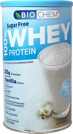 Biochem by Country Life - 100% Whey Protein Powder Sugar Free Vanilla - 13.7 oz. (389 g) Biochem by Country Life 100% Whey Protein Powder Sugar Free Vanilla contains 100% pure Ultra-Filtered/Micro-Filtered (UF/MF) Whey Protein Isolate, the finest quality and most easily assimilated whey protein isolate on the market. The Micro-Filtration method isolates the natural whey proteins in a highly concentrated form without fat. This process leaves 99% of the peptides undamaged and undenatured. Biochem's 100% Whey Protein is free of artificial hormones including rBST and rBGH. 100% Whey Protein is rich in the highly bioactive fractions glycomacropeptide and beta-lactoglobulin, immunoglobulin, glycopeptides and lactoferrin, plus amino acids that support muscle tissue. Sweetened with organic evaporated cane juice syrup. Provides high levels of branched-chain amino and glutamic acids, plus a perfect ratio of other amino acids. Typical Amino Acid Profile Amino Acid g/serving Amino Acid g/serving Amino Acid g/serving Aspartic Acid 2.22 Valine 1.18 Lysine 1.71 Threonine 1.49 Isoleucine 1.32 Arginine 0.39 Serine 0.92 Leucine 1.98 Proline 1.23 Glutamic Acid 3.03 Tyrosine 0.48 Cystine 0.46 Glycine 0.37 Phenylalanine* 0.57 Methionine 0.39 Alanine 1.14 Histidine 0.24 Trytophan* 0.17 * Phenylalanine and Tryptophan are not added to this product; thay are naturally occurring in the whey. Wheat & Gluten Free 20 g Protein per serving Free of artificial hormones Fat Free & 99% Lactose Free Mixes Easily Sugar Free Certified Vegetarian Biochem SportsEach product within the Biochem Sports and Fitness Systems has been carefully formulated to target the right enzymatic systems within the body so that each individual can achieve the pinnacle of performance. Each product is unique and nutritionally balanced to provide maximum performance. In formulating the Biochem Sports and Fitness Systems, Country Life has taken into consideration the special needs of both anabolic and aerobic fitness.