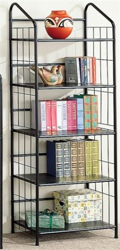 This simple metal bookcase will be a wonderful addition to your home office or any other room that needs additional storage. The Black metal construction is sturdy with supports on the sides to keep your items securely place on the shelves. Five spacious shelves will accommodate books and other office supplies helping to keep your room neat and tidy. Add this bookcase to your home for a convenient storage solution. A smaller unit is also available. Width (side to side): 24" W. Height (bottom to top): 64" H. Depth/Length (front to back): 13.5" D. Storage Five Spacious Storage Shelves. Shelves and Doors: 5 Shelves.