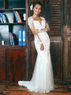 V-neck Trumpet/Mermaid Sweep Train Tulle Elastic Woven Satin Appliques Lace Wedding Dresses