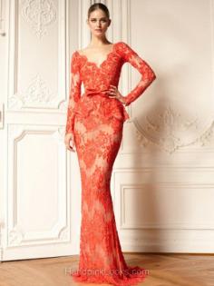 Multi Colours Lace Satin Trumpet/Mermaid V-neck Long Sleeve Prom Dresses