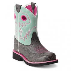 Playful style and riding-approved performance are combined in the Ariat Fatbaby Sheila boot. This girls' pull-on cowboy boot has an exotic-print, full grain leather foot with a stitch-accented suede boot shaft; reinforced pull holes ease the on/off process. 4LR (Four-Layer Rebound) technology offers comfort when they're walking or standing; Ariat's removable Booster Bed creates additional room to accommodate growing feet. The Ariat Fatbaby Sheila Western riding boot has a sculpted Everlon, EVA and blown-rubber outsole for lightweight, shock-absorbing traction to keep them competitive.