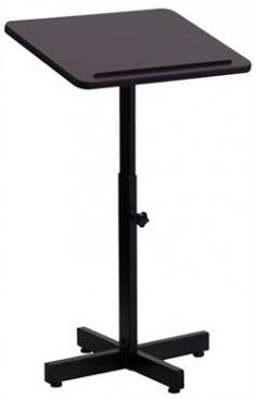 FFC1571: Features: -Metal lectern. -Black metal frame. -Nylon glides. -Mahogany thermal fused laminate surface. Product Type: -Speaker stand. Style: -Modern. Primary Material: -Metal. Finish: -Black. Number of Items Included: -1. Generic Dimensions: -Top surface: 19.625" W x 15.75" D. Dimensions: Overall Height - Top to Bottom: -48 Inches. Adjustable Height: -Yes. Overall Width - Side to Side: -20 Inches. Overall Depth - Front to Back: -18.25 Inches. Overall Product Weight: -19 Pounds.