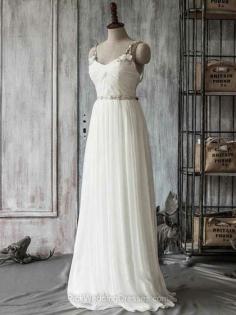 Boutique Ivory Chiffon Tulle Sweetheart Beading Straps Sweep Train Wedding Dress #PWD00021415