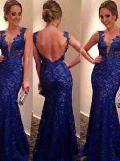 Trumpet/Mermaid Open Back V-neck Appliques Lace Royal Blue Lace Prom Dresses