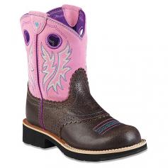 Your little cowgirl will never get the blues in the Ariat Fatbaby Cowgirl Western boot. This girls' performance riding boot pairs a premium full grain leather foot with a suede or camo-print Cordura boot shaft. Scalloped edges, piping and perforations add sweet detail; reinforced finger holes make the boot easy to pull on. 4LR (Four Layer Rebound) technology lends comfort whether she's riding or walking, while the removable Ariat Booster Bed insole supplies extra wiggle room as she grows. The Ariat Fatbaby Cowgirl riding boot is finished with an Everlon/rubber/EVA outsole for grip and shock-absorption.