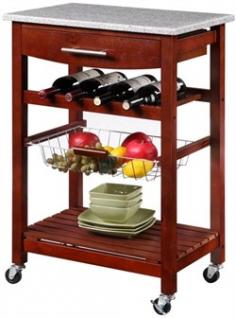 Rich Wenge finish and granite top. Pine and engineered wood construction. Wire basket, shelf, and storage drawer. 4-bottle built-in wine rack. Heavy duty casters for easy mobility. 22.8W x 15.625D x 33.875H inches. You'll be surprised how much work space and storage can come in such a small package. The Granite Top Kitchen Cart with Wenge Finish is versatile, portable, and won't hog all the open space in your kitchen - but still gives you plenty of much-needed room for food preparation and more. This cart is made from pine wood and MDF (medium density fiberboard), and has a rich Wenge finish and a natural granite top. A built-in drawer, large bottom shelf, and pull-out wire basket let you keep utensils, towels, and supplies nearby. The built-in wine rack holds four bottles, and four heavy duty locking rubber casters make it simple to put the cart wherever you need it. In fact, the cart (unlike many similar models), is finished on all sides, so you can use it in the middle of the room if you'd like. Measures 22.8W x 15.625D x 33.875H inches. About Linon Home DecorLinon Home Decor Products has established a reputation in the market for providing the best trend-right products at the right price, while offering excellent quality, style and functional furnishings to every room in the home. Linon offers a broad selection of furnishings for today's discriminating and demanding retail environments. They offer outstanding values for every room; a total commitment of quality, service and value that is unsurpassed in their industry.