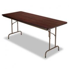 Wood Folding Table Rectangular 72w x 30d x 29h Walnut Scratch-resistant melamine top is 5/8" thick with a one-piece 1 3/4" brown steel apron and black vinyl edging. Gravity leg-locking mechanism for quick set-up. Folds to 2 1/2" thick and locks for easy transport and storage. 1" diameter brown steel legs with protective black plastic foot caps. Holds up to 1 200 lbs. evenly distributed. Top Color: Walnut; Top Shape: Rectangular; Top Thickness: 5/8"; Overall Width: 72".