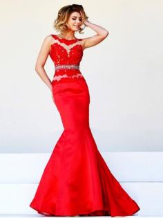 Sweep Train Red Satin Tulle Appliques Lace Scoop Neck Open Back Prom Dress