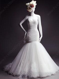 Designer Sweetheart Tulle Bow and Flower(s) White Trumpet/Mermaid Wedding Dresses #PWD00021473