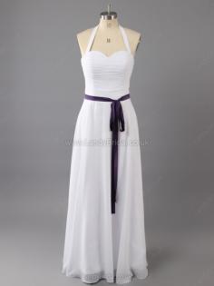 White Chiffon Sheath/Column Sashes/Ribbons Open Back Halter Wedding Dress