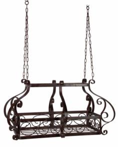 Durable wrought iron construction Neatly stores pots and other kitchen items Warm rich dark brown finish Traditional style with ornate scrollwork35.5W x 20D x 20H inches Includes matching chain. Bring extra kitchen storage to your home with the IMAX Calatrava Pot Rack. Constructed of strong durable wrought iron this hanging rack keeps your pots mugs plates and other kitchen essentials neatly organized and easily accessible. This metal pot rack features ornate scrollwork for a touch of Old-World charm. Four corner suspension points provide stability while the deep brown finish enhances the warm traditional style. About IMAXWhat began as a small company importing copper flower containers in 1984 by Al and Faye Bulak has developed into one of the top U.S. import companies serving the At Home market today. IMAX now provides home and garden accessories imported from twelve countries around the world housed in a 500 000 square foot distribution center. Additional sourcing product development and showroom facilities in the USA India and China make IMAX a true global source. They're dedicated to providing products designed to meet your needs. This is achieved through a design and product development team that pushes creativity taste and fashion trends - layering styles periods textures and regions of the world - to create a visually delightful and meaningful environment. At IMAX they believe style integrity and great design can make living easier. Kitchen storage can be functional and decorative, too. Case in point, the wrought iron pot rack that works hard and looks great. The finely-detailed rack features a grid design for storage up top as well as options to hang cookware below (just add pot hooks). The scrolled metalwork adds lightness to the piece as well as visual interest making this space saver a fixture you'll want to show off.