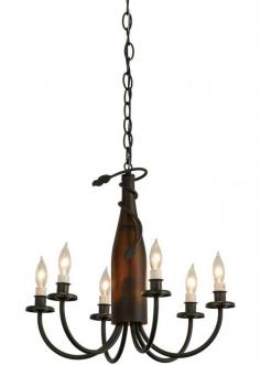 Capture the life of the party with the dramatic designof this Wine Bottle Pendant. Liven up a restaurant, club, hotel lobby or kitchen counter with pendants thatdo so much more then deliver light; it adds personalityand pizazz. The stunning Frosted Amber Wine Bottlefeatures a wrap, hardware including six arms andbobeches finished in Black, with gracefully designedcandlelights. A unique design statement.Â Handcraftedby Meyda artisans in the USA. Wine Bottles can betransformed into pendants, wall sconces and tablelamps. Custom options available, including energyefficient lamping. Style: Rustic Lodge Fixture Type: Chandelier Ceiling Fixture Color: Black/Amber Bottle Size: 20-55" H x 18" W Bulb: 6 x 60 watt Candle Warranty: Limited 1 Year Warranty This is a Custom Crafted Item. Orders normally ship within 4-6 weeks, please allow 5 - 7 weeks for delivery. Every Meyda Tiffany item is a unique, handcrafted work of art. Natural variations, in the wide array of materials that we use to create each Meyda product, making every item a masterpiece of its own. Images provided are a general representation of the product, please allow for slight variations in color and design. Celebrating its 40th anniversary, Meyda is celebrated world-wide for their extraordinary craftmanship. Art & Home is pleased to offer these amazing products, and we're sure you and your family will enjoy them for generations.