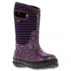 Encourage their love of adventure even in the rain with the Bogs Classic Flower Stripe boot. This warm, waterproof kids' pull-on boot features a rubber and four-way stretch Neoprene upper designed to protect against cold and wetness even in sub-zero temperatures. Handles aid in the on/off process, and AEgis antimicrobial treatment controls odor. The Bogs Classic Flower Stripe waterproof boot has a rugged rubber outsole for traction with self-cleaning design to release mud and snow.