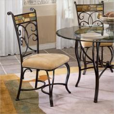 Pompei Dining Chair by Hillsdale 4442-802. Our unique Pompei Dining group, by Hillsdale Furniture, features an intricate and interesting solid slate design in the chair and around the table edge. A graceful scrolled silhouette drawes your eye to the lovely and colorful motif. Large 48" glass top leaves ample room for comfortable dining. Fascinating to the decorator's eye, with elegantly sculpted metal bases, and a stunning addition to your home d,cor, with interesting and colorful slate accents glowing through the pretty glass tops, this collection of is sure to inspire the creativity in you as well as the envy of your house guests. Finish: Black gold / slate mosaic Recommended Care: Dust frequently using a clean, specially treated dusting cloth that will attract and hold dust particles. Do not use wax or abrasive cleaners as they may damage the finish. Specification This item includes: HD-4442-802 Pompei Dining Chair 40.25H x 18.2W x 22.5D Please refer to the Specifications to determine what items are included since sometimes the image shows more or less items. If you are not sure, please contact us and our customer service will be glad to help.