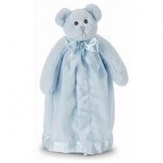 Blue Bear Snuggler with Satin trim and backing. Measures 18 x 18'