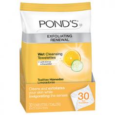 Cleans and exfoliates your skin while invigorating the senses. Exfoliate and renew! POND'S Exfoliating Renewal Towelettes, with invigorating beads, gently polish away dull, dry skin while removing dirt and makeup. The soft, textured cloths are infused with a sparkling citrus and cucumber scent that will exhilarate the senses.