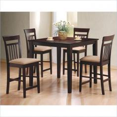 5PC Counter Height Dining Set - Cappuccino by Coaster 150041. This set includes a square counter height table, with smooth edges and sleek tapered legs. The matching chairs feature high vertically slatted backs, and soft microfiber padded seats for comfort, durability, and style. This casual contemporary five piece dining set is available in a cappuccino finish. Group Style: Casual Group Finish: Cappuccino Ideal for smaller size rooms Chairs feature fabric cushion seating Specification This item includes: CO-150041 150041 5PC Counter Height Dining Set - Cappuccino Table: 40L x 40W x 36H, Stool: 20L x 17W x 41H, Seat Height: 24, Seat Depth: 16 Please refer to the Specifications to determine what items are included since sometimes the image shows more or less items. If you are not sure, please contact us and our customer service will be glad to help.