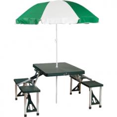 This portable picnic table and umbrella set from Stansport provides a covered dining table for 4 adults anywhere you need it - from the backyard, to the beach, or in the woods. The table features anodized, locking, aluminum frame construction with built-in seats. The umbrella is constructed of heavy-duty high impact plastic for protection from UV rays. The umbrella measures 54"Dia and offers easy height adjustments with a push button lock up to 75" tall. The entire system folds compactly for storage and transport.