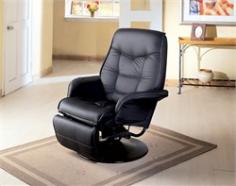 Casual style. Plush tufted seating. Luxurious cushioned seat back. Padded flared tapered arms. Dark swivel base. Fully reclined. Attached back. Exterior handle release. Made from leatherette. Seat depth: 21 to 60 in. Overall: 36 in. L x 21 in. W x 41.5 in. H. Warranty. Sit back and relax with the superior comfort of this swivel recliner.