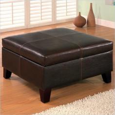 This wonderful contemporary storage ottoman will be a great addition to your living room or family room. The piece has a simple but sophisticated style with an oversized square top cushion with accent stitching which offers a comfortable place to rest your feet or an extra seat in a pinch. The top lifts to reveal a spacious enclosed storage area perfect for hiding blankets and pillows when guests arrive. Sleek square tapered wooden feet complete the piece. Covered in rich dark brown faux leather this storage ottoman will blend easily with your decor for a casual contemporary look that everyone will love. Width & #40side to side & #41: 28&#34 W. Height & #40bottom to top & #41: 15.5&#34 H. Depth & #47Length & #40front to back & #41: 28&#34 D. Fabric Content: Vinyl. Upholstery Classification: Other. Fabric Pattern: Solid. Style: Contemporary. Seat: Plush Oversized Top Cushion. Leg or Skirt: Square Tapered Wood Feet.