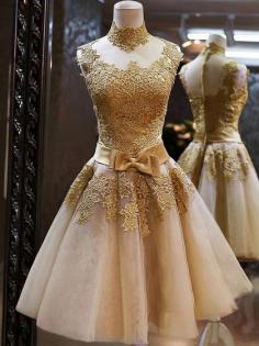 Knee-length Multi Colours Tulle Appliques Lace High Neck Online Prom Dresses #PED020101414