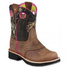 Your little cowgirl will never get the blues in the Ariat Fatbaby Cowgirl Western boot. This girls' performance riding boot pairs a premium full grain leather foot with a suede or camo-print Cordura boot shaft. Scalloped edges, piping and perforations add sweet detail; reinforced finger holes make the boot easy to pull on. 4LR (Four Layer Rebound) technology lends comfort whether she's riding or walking, while the removable Ariat Booster Bed insole supplies extra wiggle room as she grows. The Ariat Fatbaby Cowgirl riding boot is finished with an Everlon/rubber/EVA outsole for grip and shock-absorption.