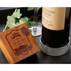 Simple, elegant and wonderfully packaged in the spirit of a vineyard estate is this mirror finished wine bottle coaster. From the wood grain print with chateau to the rustic rope gift box handle, this keepsake favor is exceptionally executed and ready to give. The coaster gently hugs the bottom of the wine bottle to ensure surface protection while adding elegance to the dining table. Your wedding guests will love the charm and practicality at once! Wood grain look upright gift box with deep burgundy chateaux vineyard estate imagery and rope handle. Includes complementary For You gift tag. Mirrored exterior finished acrylic wine bottle coaster with soft-touch interior. Cylindrical coaster fits most standard 750ml (25 oz) bottles. No-detail-spared soft touch coaster feet for further tabletop protection. Packaged favor dimensions approx. 3.5in. x 3.5in. x 1.25in. (8.5 x 8.5 x 3.25cm). Sold in a pack of 30. Ground shipping is available for this item (Expedited shipping is not available). *Sorry, we are unable to ship this product to HI, AK, AE, Guam, Canada or Puerto Rico